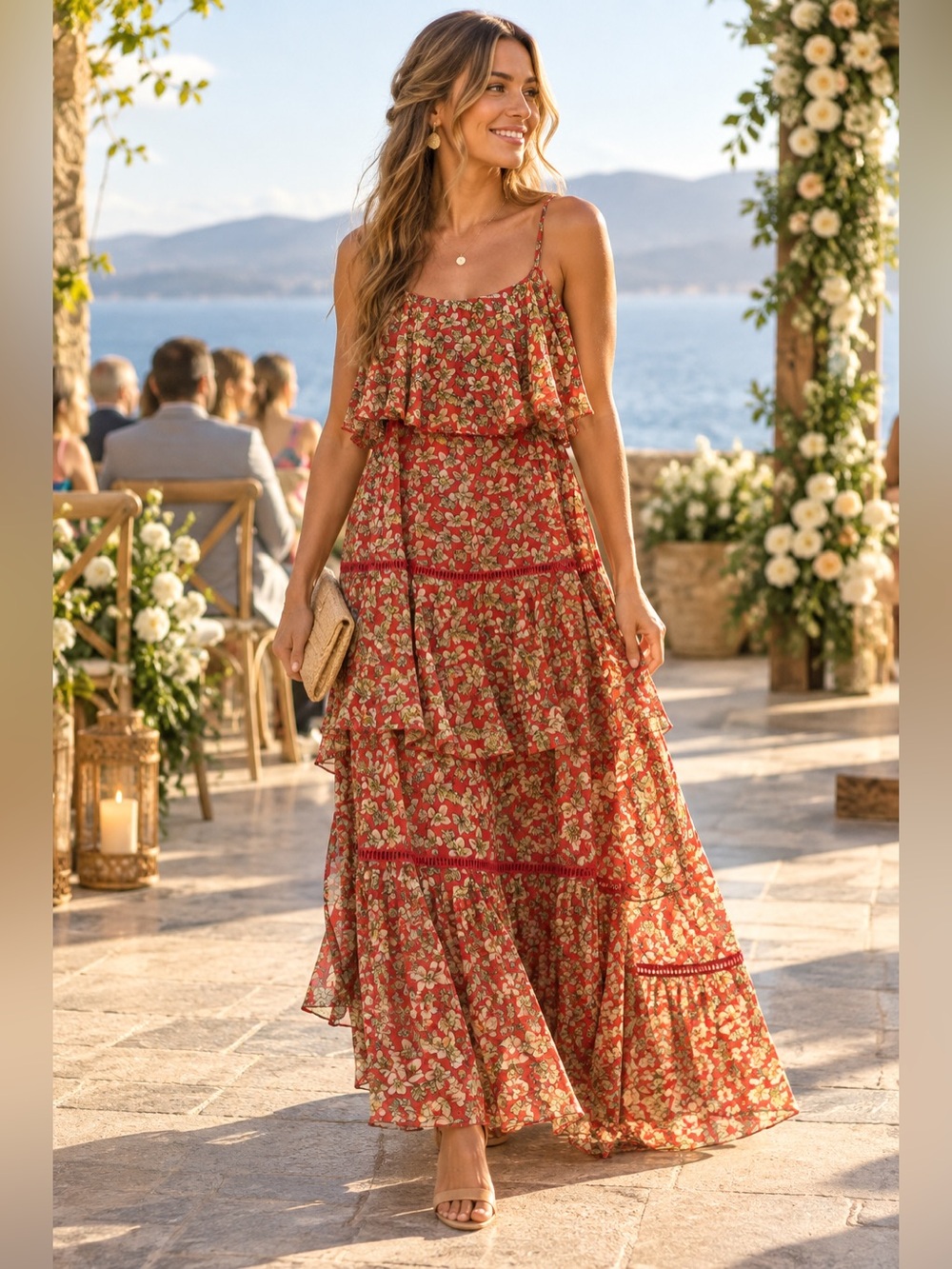 Rebecca Minkoff Size 0 Red Floral Tiered Ruffle Maxi Dress Spaghetti Strap